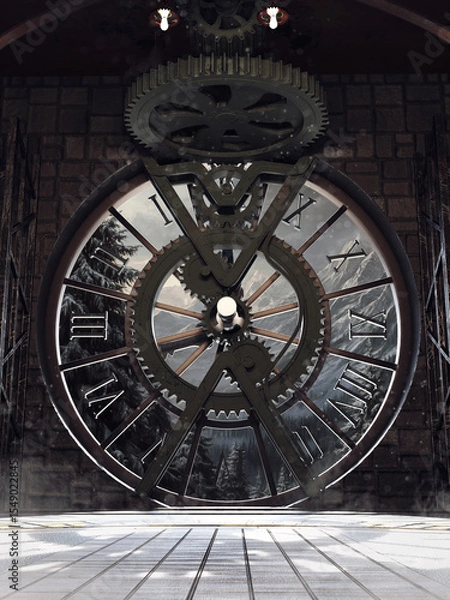 Fototapeta Fantasy interior of an old tower clock with the snowy landscape in the background.  Image made with 3d resources and painted elements. No AI used.