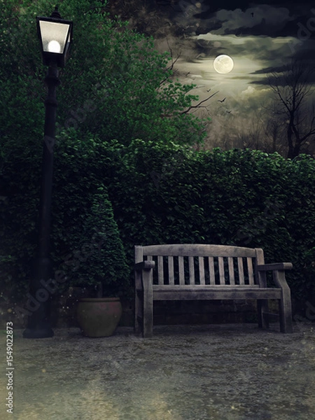 Fototapeta Old wooden bench and a vintage lamp in a summer garden with green vines and fence at night with the full moon in the sky.  Image made with 3d resources and painted elements. No AI used.