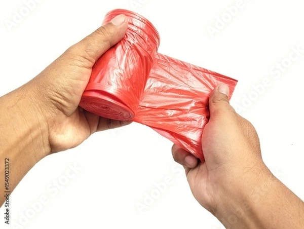 Fototapeta Man hand holding a roll of plastic bag isolated on white background 