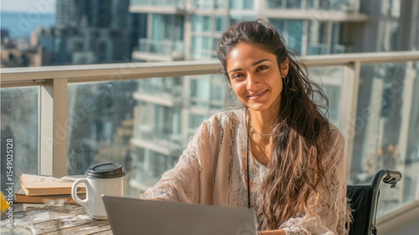 Fototapeta South Asian Woman in Wheelchair Using working on computer laptop by Balcony