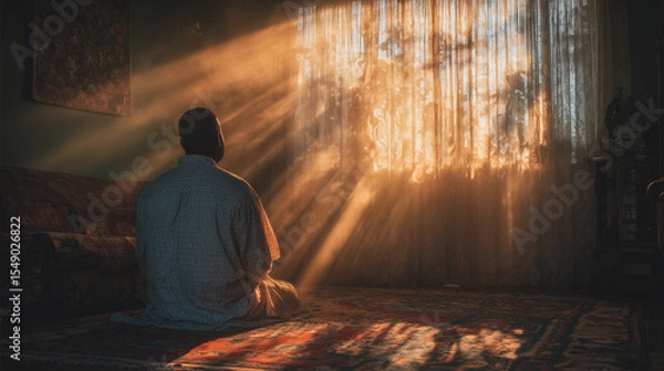 Fototapeta a man in room performing a prayer with light light coming from window