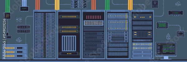 Obraz Network server room with racks and equipment icons – Suitable for data center brochures, IT infrastructure presentations, or system management visuals