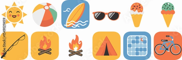 Obraz Bright and playful kids’ summer activity tracker icons with sun, campfire, swimming pool, and bicycle