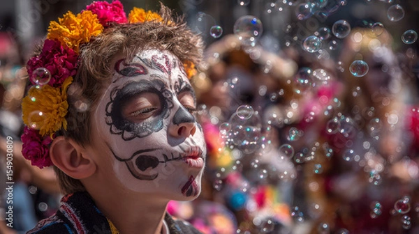 Fototapeta Boy with Painted Skull Face Blowing Bubbles During Festival. the day of the dead, dia de los muertos