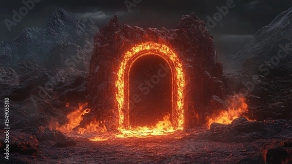 Fototapeta fiery portal surrounded by glowing flames and rocky terrain creates mystical atmosphere