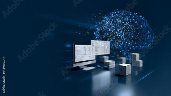 Fototapeta 3D rendering of the artificial intelligence concept with a computer and brain. Digital technology creates an AI cloud structure from data to software design for business process management or VR.