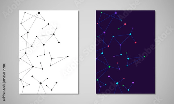 Fototapeta Vector template for brochure or cover with molecular structure background and connected lines and dots. Medicine, science and digital technology concept