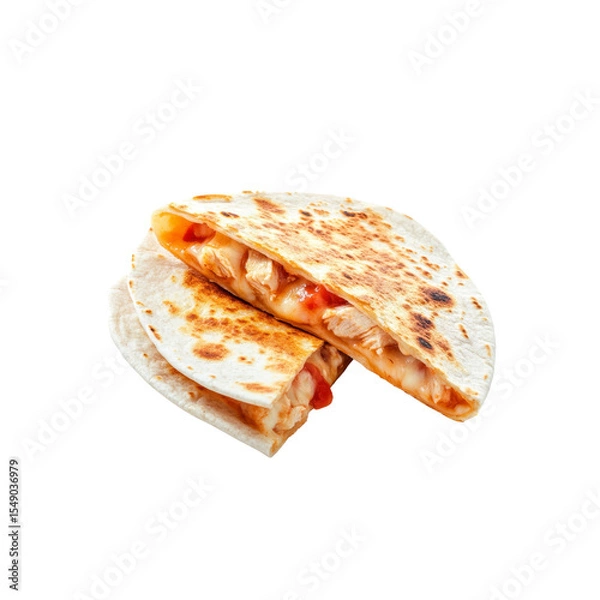 Fototapeta Delicious Chicken Quesadilla Cut in Half, Showing Melted Cheese and Filling