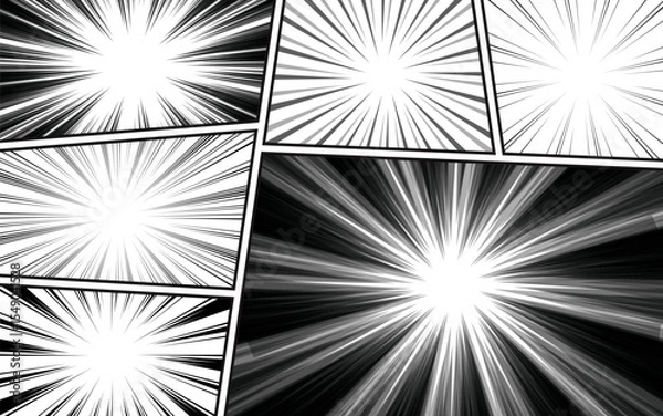 Fototapeta Black and white manga comic book background with various shapes in pop art style. Rays, radial, halftone. Vector illustration.