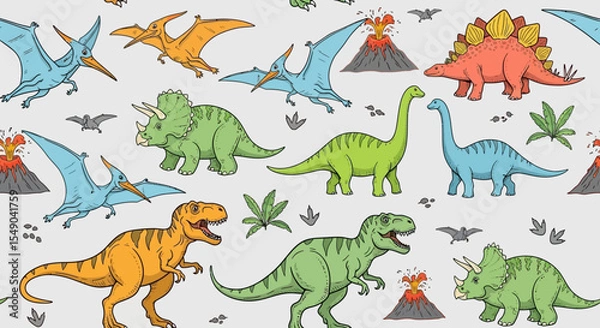 Fototapeta Adorable Dinosaur Pattern Colorful Prehistoric Creatures Seamless Repeat