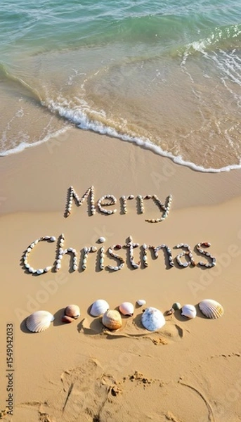 Fototapeta Text 'Merry Christmas' arranged with seashells on a sandy beach. Gentle waves lap at the shore, creating a holiday atmosphere.