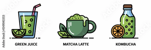 Obraz Clean vector icons of labeled healthy beverages: green juice, matcha latte, kombucha
