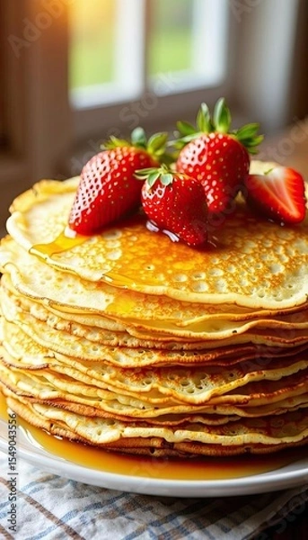 Fototapeta A stack of homemade pancakes topped with fresh strawberries and drizzled with syrup,golden brown , served on a white plate.