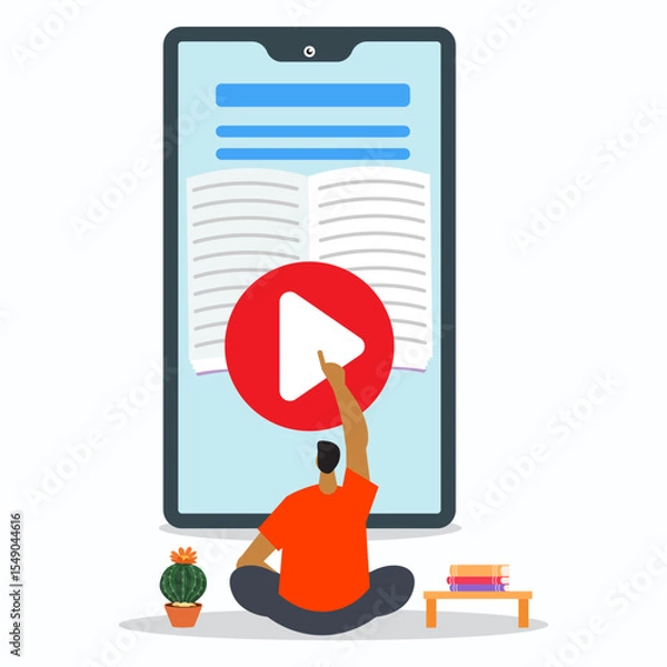 Obraz A young man sitting on front of big smartphone and clicking on play button to playing e-book. Online education concept