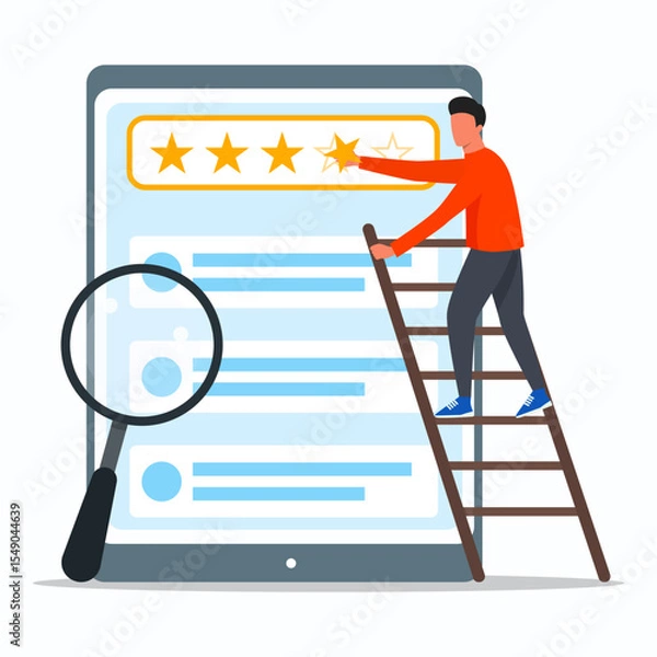 Obraz A man climbing with stairs to giving star review on big icon of tablet. Customer satisfaction concept.