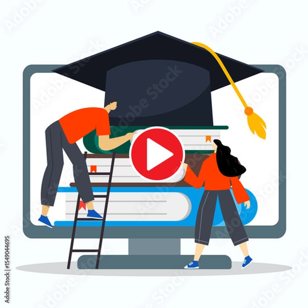 Obraz Group of students clicking play button to playing e-book on computer screen with big icon of graduation cap. Online education concept.