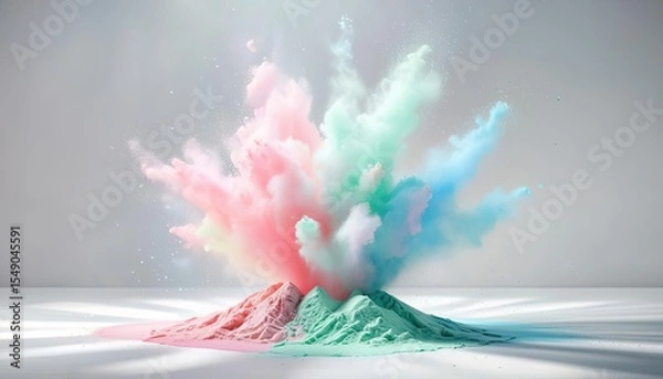 Fototapeta Pastel-colored powder explosions create a vibrant background with splashes of pink, blue, and green. For print and design projects