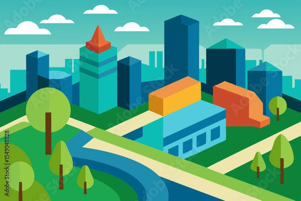 Fototapeta Isometric cityscape illustration with parks and buildings