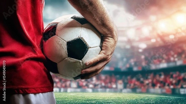 Fototapeta Professional soccer player in red white uniform gripping soccer ball, standing on field surrounded by cheering crowd before kickoff