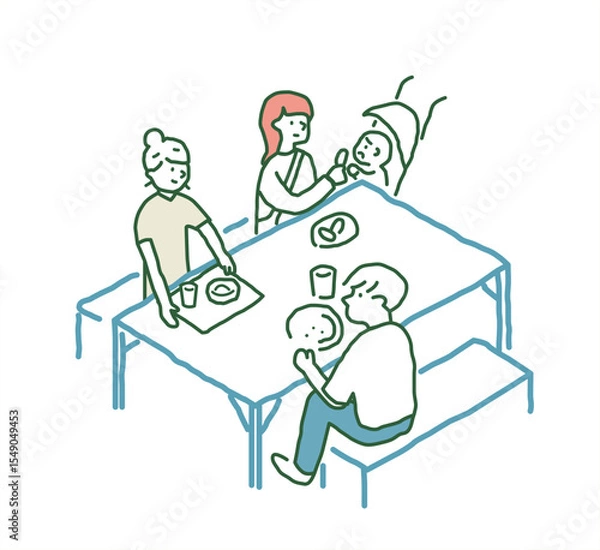 Obraz 一つのテーブルで食事をする人々　 手描きアイソメトリックイラスト