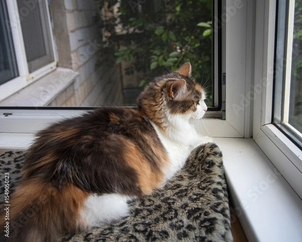 Fototapeta Tricolor calico cat on the window