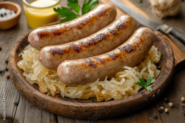 Fototapeta Grilled bratwurst served with crispy sauerkraut and mustard in a rustic setting