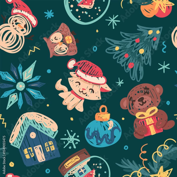 Fototapeta Seamless Christmas pattern in childlike crayon style. Print for cloth design, textile, fabric, wallpaper, wrapping paper. Chalk Hand drawn vector kids sketches: houses, trees, animals, gifts, snow