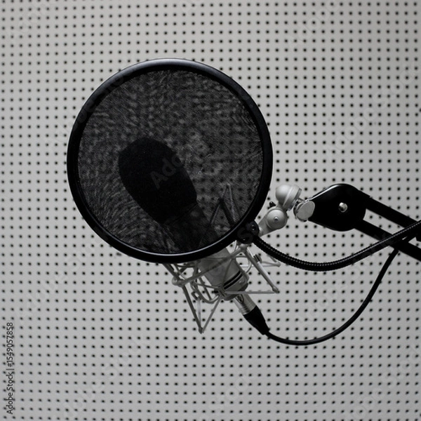 Obraz Professional microphone with mask filter for voice recording against sound absorbing panels in a recording studio