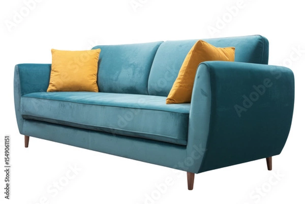 Obraz teal sofa with yellow pillows isolated on background