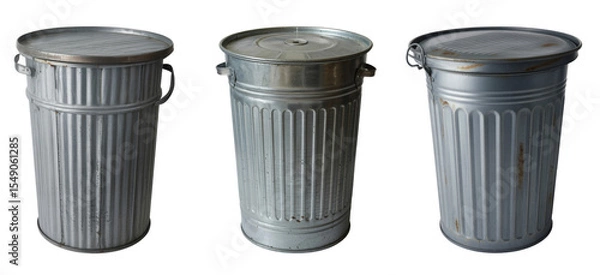 Obraz three metal trash cans with lids, isolated on background