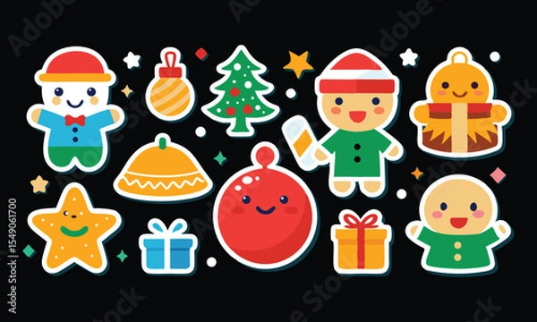 Fototapeta Cute christmas characters and festive elements sticker set