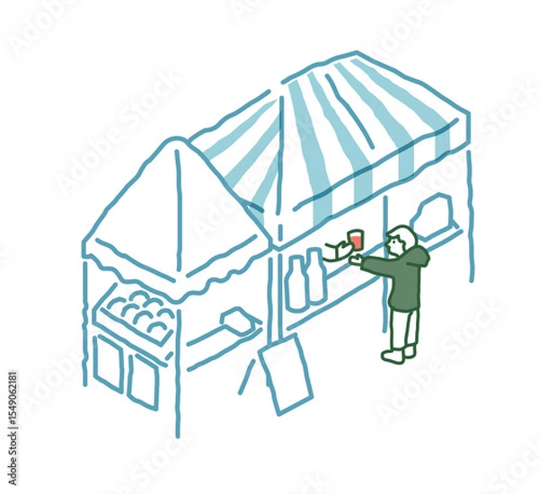 Obraz マルシェの屋台で飲み物を買う男の子　 手描きアイソメトリックイラスト