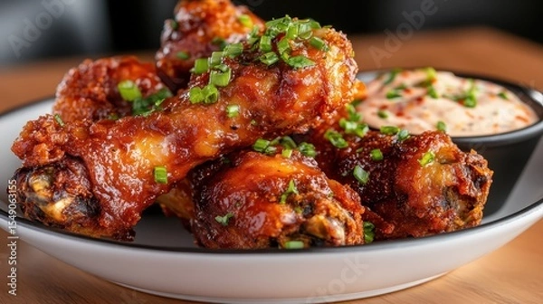 Fototapeta A mouthwatering plate of crispy chicken wings garnished with green onions, alongside a creamy dip, capturing the essence of appetizing comfort food and social dining experiences.