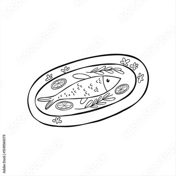 Fototapeta Fish served on a plate with herbs and lemon. Food illustartion. Hand drawn vector illustration, balck and white minimalist drawing.