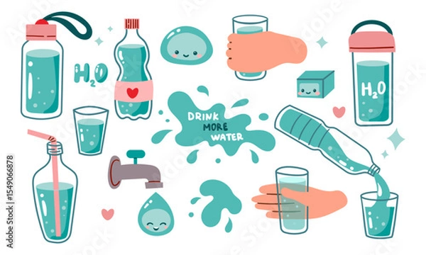 Obraz Drink more water. Glass only. Plastic free, zero waste concept. Various bottles, glass, flask. Hand drawn cute trendy vector illustration. All elements are isolated on white.