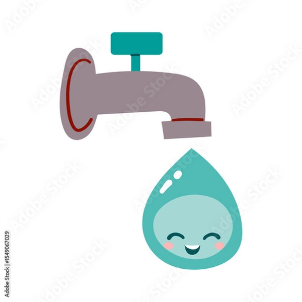 Obraz Illustration of faucets and cute kawaii water drop on a white background. Hand drawn illustration drink more water or save the water concept .