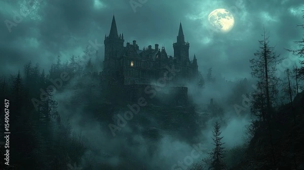 Fototapeta Haunted Castle at Night with Full Moon and Mist in Forest