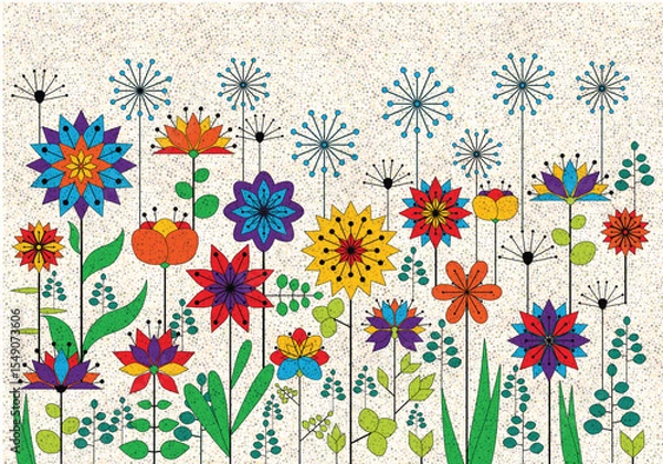 Obraz colour vector summer holidays or happy easter card with vibrant flat folk style flowers on grunge grain background, floral background with noise texture and place for your text	