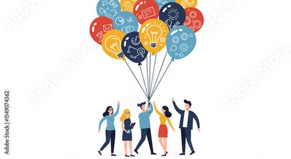 Fototapeta Teamwork and innovation concept with diverse group holding balloons representing ideas and technology vector illustration