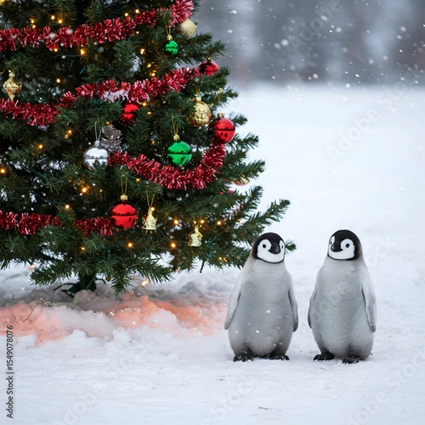 Fototapeta penguin with christmas tree