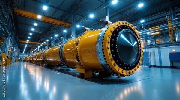 Fototapeta A striking image of large industrial machinery in a highly lit factory, symbolizing innovation, strength, and the mechanical elegance of modern technology in the workspace.