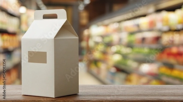 Fototapeta Minimal kraft carton in muted cream with die-cut window on a softly blurred grocery store background
