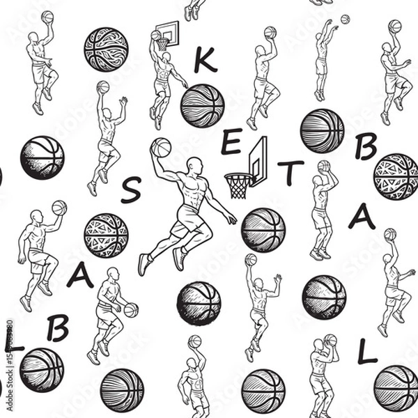 Fototapeta Seamless black and white basketball pattern designed for fabric prints and textile surfaces. Ideal for sportswear, activewear, and themed fabric design.