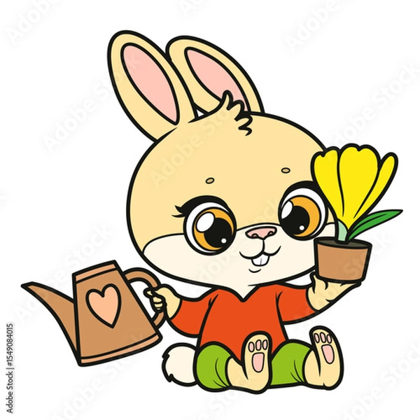Obraz Cute beige bunny holds in paws a pot with yellow spring crocus flower and a watering can
