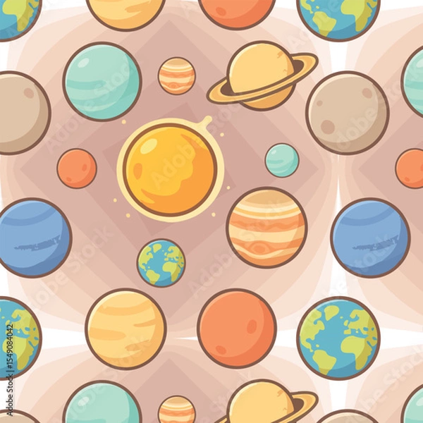 Fototapeta Seamless vector pattern featuring colorful cartoon planets and the sun. Perfect for kids’ fabric, space-themed textiles, wallpapers, and educational designs