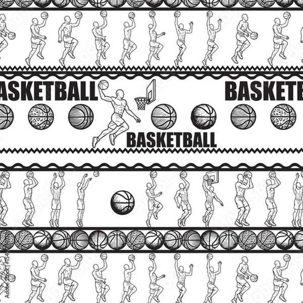 Fototapeta Seamless black and white basketball pattern designed for fabric prints and textile surfaces. Ideal for sportswear, activewear, and themed fabric design.