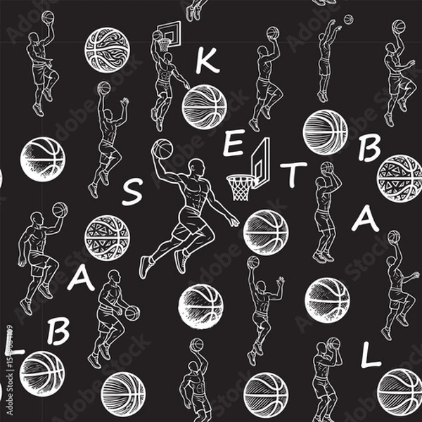 Fototapeta Seamless black and white vector pattern featuring dynamic basketball elements. Ideal for sports-themed fabric, apparel design, backgrounds, and activewear prints.