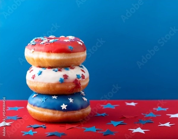 Obraz Fourth of july concept. Close-up blue, white and red  glazed donuts with red, white and blue cream decorations on red table on blue background wity white star decorations. Generated image
