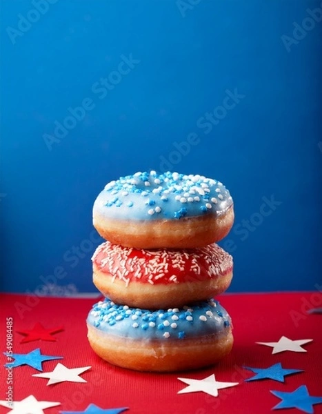 Obraz Fourth of july concept. Close-up blue, white and red  glazed donuts with red, white and blue cream decorations on red table on blue background wity white star decorations. Generated image