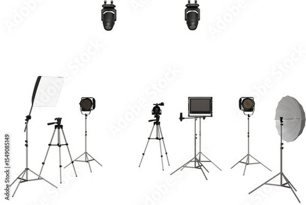 Fototapeta A studio setup featuring multiple light sources, including softboxes, spotlights, and a monitor, all positioned on tripods.  The arrangement suggests a professional photography or videography setting